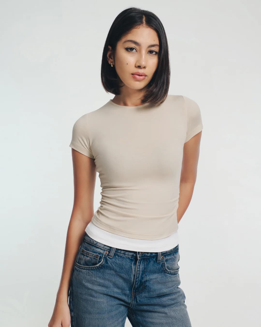 Demi White Trim Ruched T-Shirt - Image 1